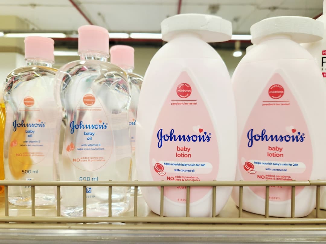Johnson's baby oil and lotion are displayed.