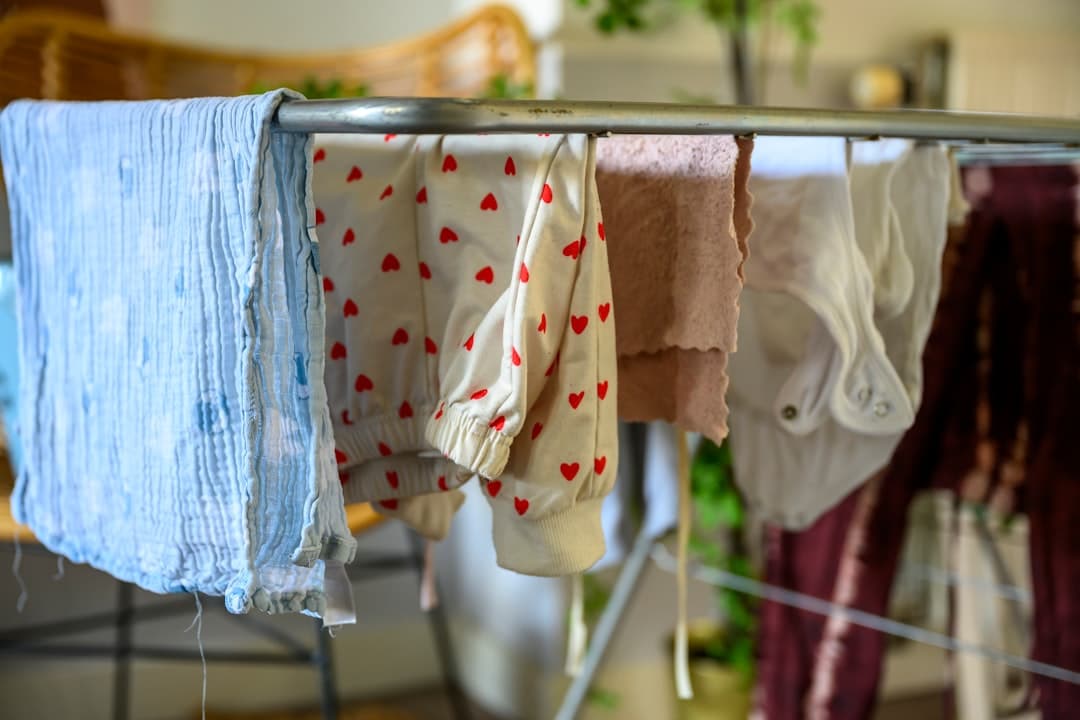 Clothes drying on a rack indoors